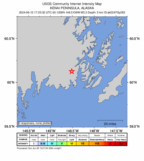USGS DYFI community-reported intensity map for the M3.3 earthquake near 28 km W of Chenega, Alaska