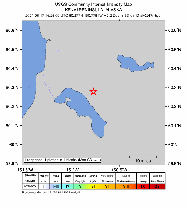 USGS DYFI community-reported intensity map for the M2.2 earthquake near 20 km S of Funny River, Alaska