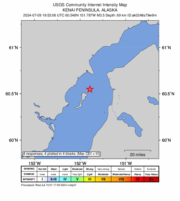 USGS DYFI community-reported intensity map for the M3.5 earthquake near 26 km WSW of Salamatof, Alaska