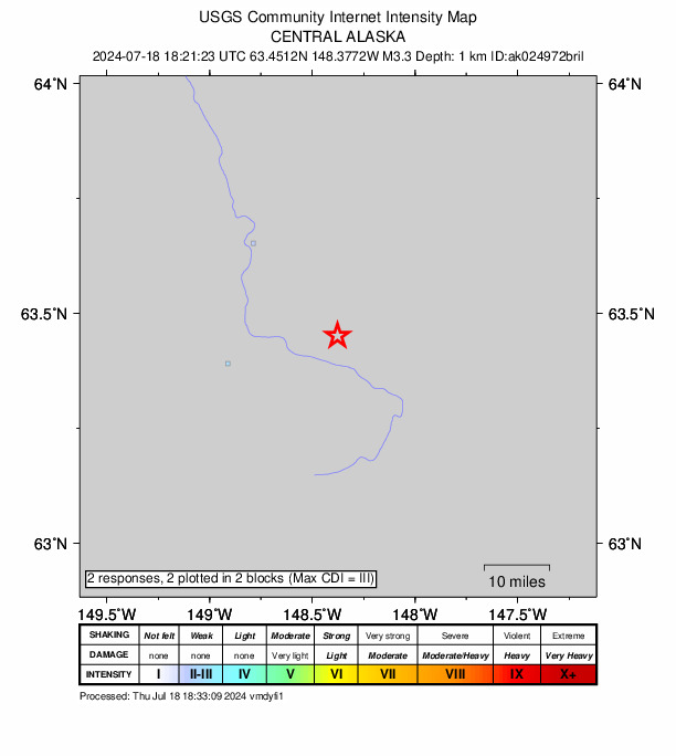 USGS DYFI community-reported intensity map for the M3.2 earthquake near 28 km ENE of Cantwell, Alaska