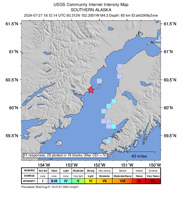 USGS DYFI community-reported intensity map for the M4.5 earthquake near 47 km NW of Ninilchik, Alaska