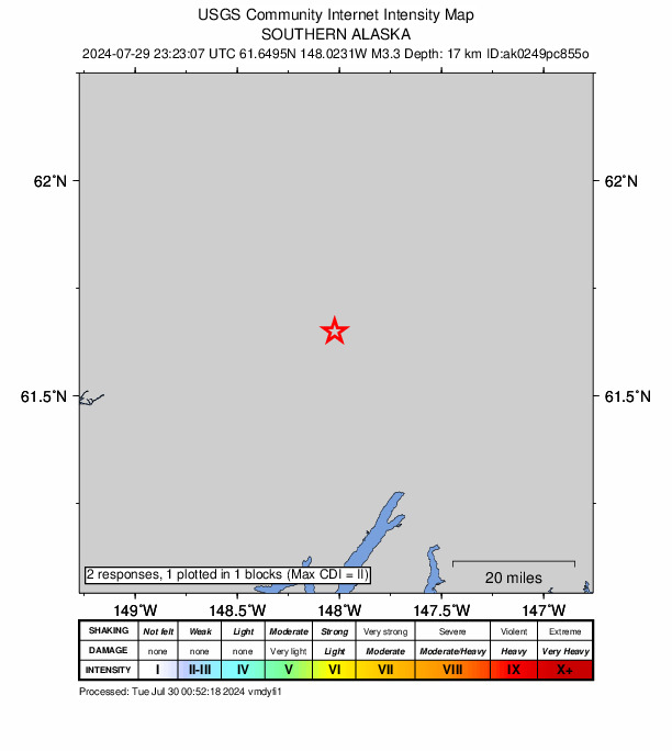 USGS DYFI community-reported intensity map for the M3.1 earthquake near 27 km SE of Chickaloon, Alaska