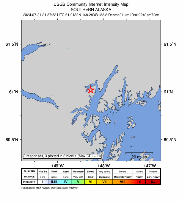 USGS DYFI community-reported intensity map for the M3.8 earthquake near 33 km NE of Whittier, Alaska