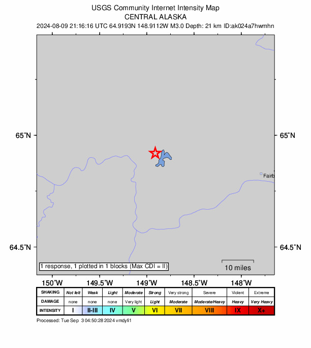 USGS DYFI community-reported intensity map for the M3.0 earthquake near 33 km SE of Minto, Alaska