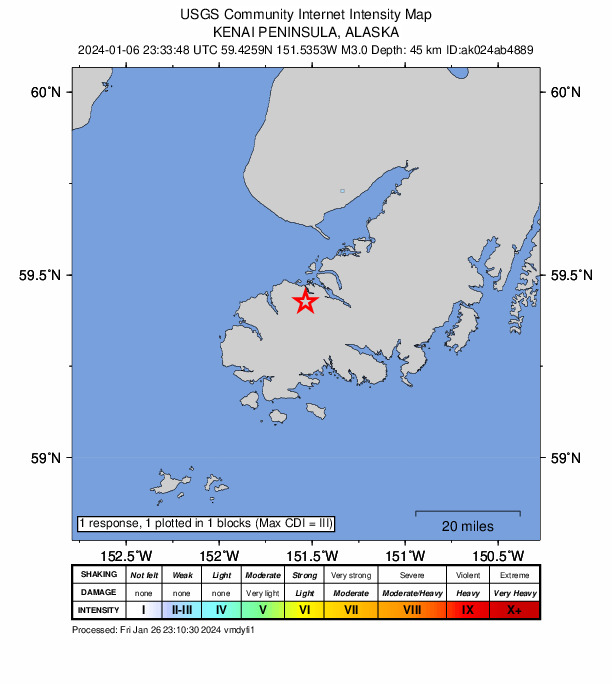 USGS DYFI community-reported intensity map for the M3.0 earthquake near 8 km SE of Seldovia Village, Alaska
