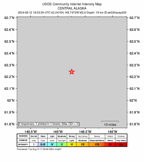 USGS DYFI community-reported intensity map for the M2.7 earthquake near 52 km N of Sutton-Alpine, Alaska