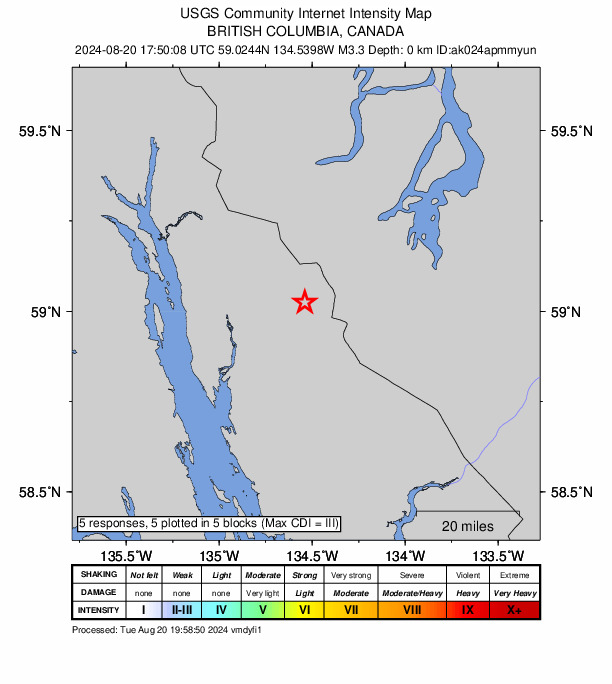 USGS DYFI community-reported intensity map for the M3.3 earthquake near 48 km ESE of Mud Bay, Alaska