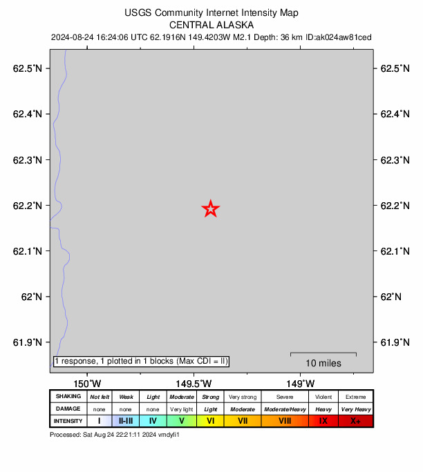 USGS DYFI community-reported intensity map for the M2.0 earthquake near 23 km ENE of Susitna North, Alaska