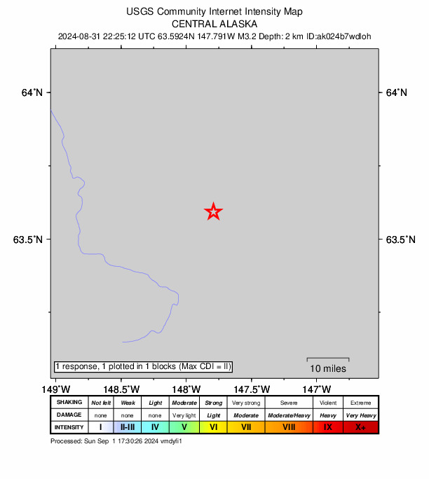 USGS DYFI community-reported intensity map for the M3.2 earthquake near 63 km ESE of Denali Park, Alaska