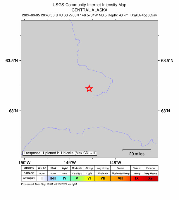 USGS DYFI community-reported intensity map for the M3.5 earthquake near 26 km SE of Cantwell, Alaska