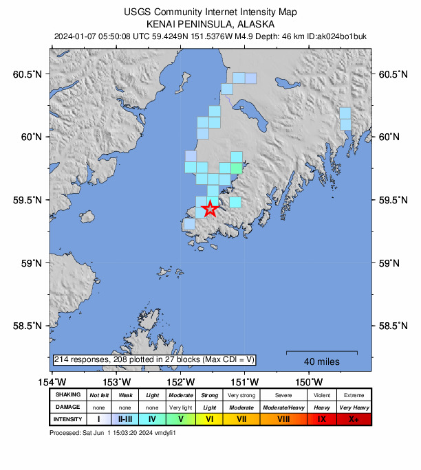 USGS DYFI community-reported intensity map for the M4.9 earthquake near 8 km SE of Seldovia Village, Alaska