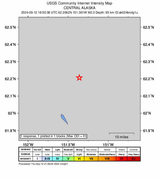 USGS DYFI community-reported intensity map for the M2.2 earthquake near 26 km N of Skwentna, Alaska