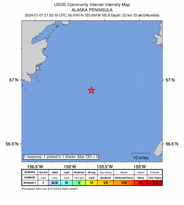 USGS DYFI community-reported intensity map for the M2.9 earthquake near 89 km W of Akhiok, Alaska