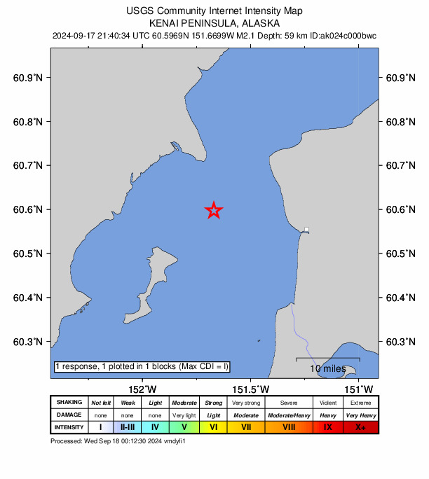 USGS DYFI community-reported intensity map for the M2.2 earthquake near 16 km W of Salamatof, Alaska