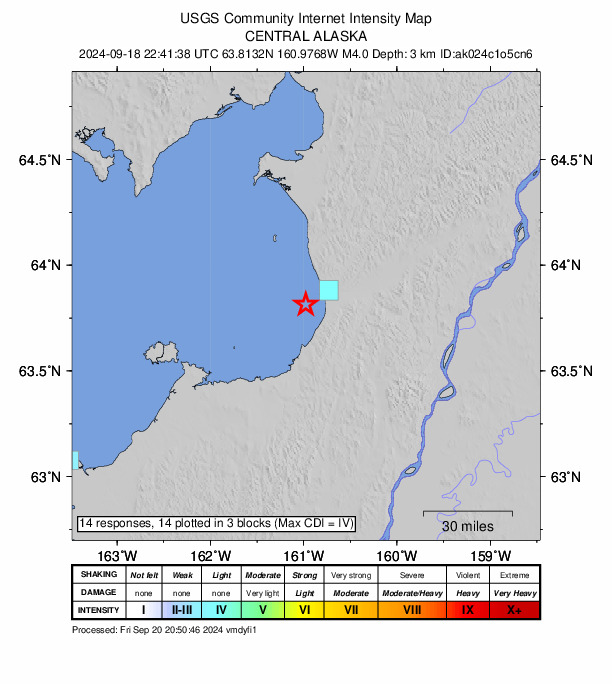 USGS DYFI community-reported intensity map for the M4.0 earthquake near 19 km WSW of Unalakleet, Alaska