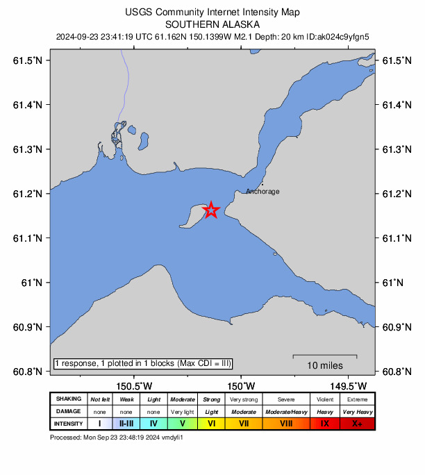 USGS DYFI community-reported intensity map for the M2.0 earthquake near 14 km WSW of Anchorage, Alaska