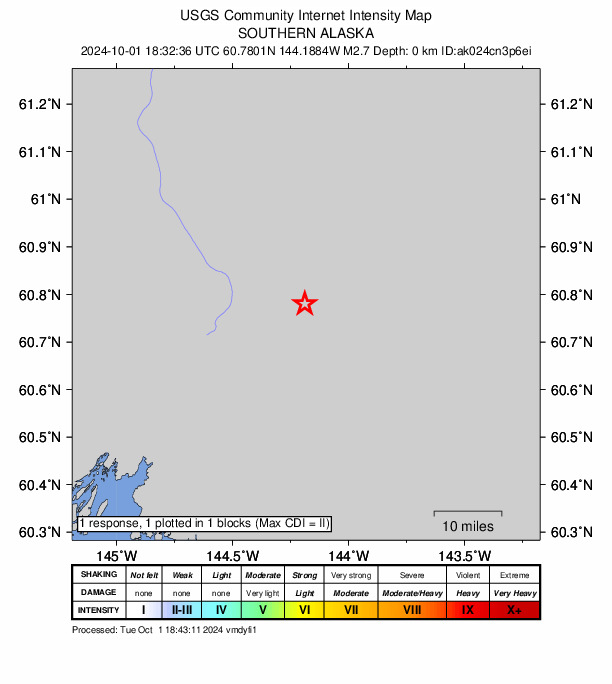USGS DYFI community-reported intensity map for the M2.6 earthquake near 81 km SSE of Chitina, Alaska