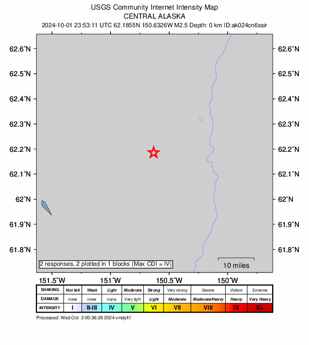 USGS DYFI community-reported intensity map for the M2.5 earthquake near 25 km SW of Trapper Creek, Alaska