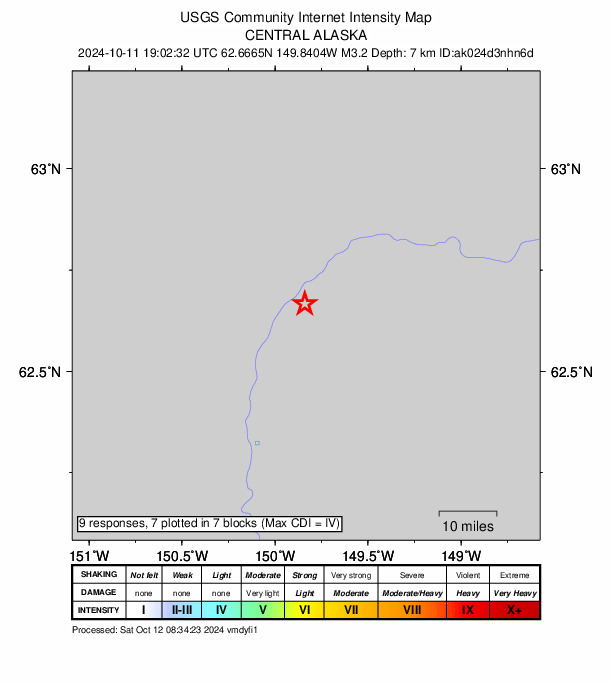 USGS DYFI community-reported intensity map for the M3.0 earthquake near 25 km NE of Chase, Alaska