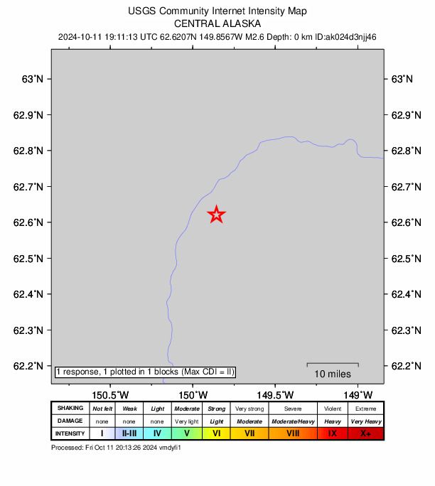 USGS DYFI community-reported intensity map for the M2.6 earthquake near 26 km NE of Chase, Alaska