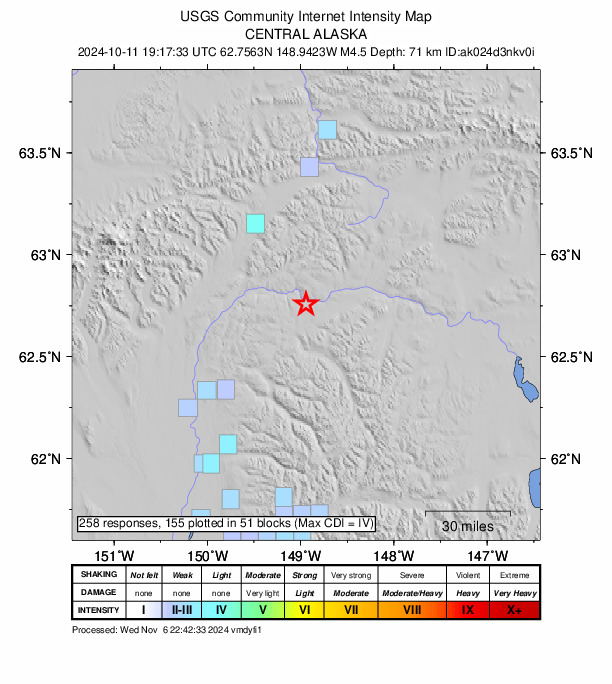 USGS DYFI community-reported intensity map for the M4.6 earthquake near 66 km ENE of Chase, Alaska