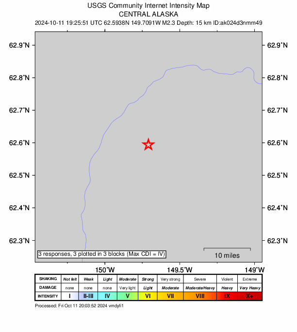 USGS DYFI community-reported intensity map for the M2.2 earthquake near 25 km NE of Chase, Alaska