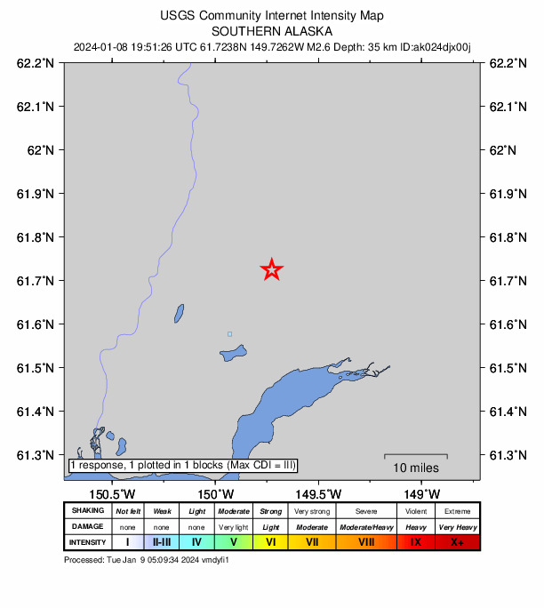 USGS DYFI community-reported intensity map for the M2.5 earthquake near 12 km NNE of Houston, Alaska
