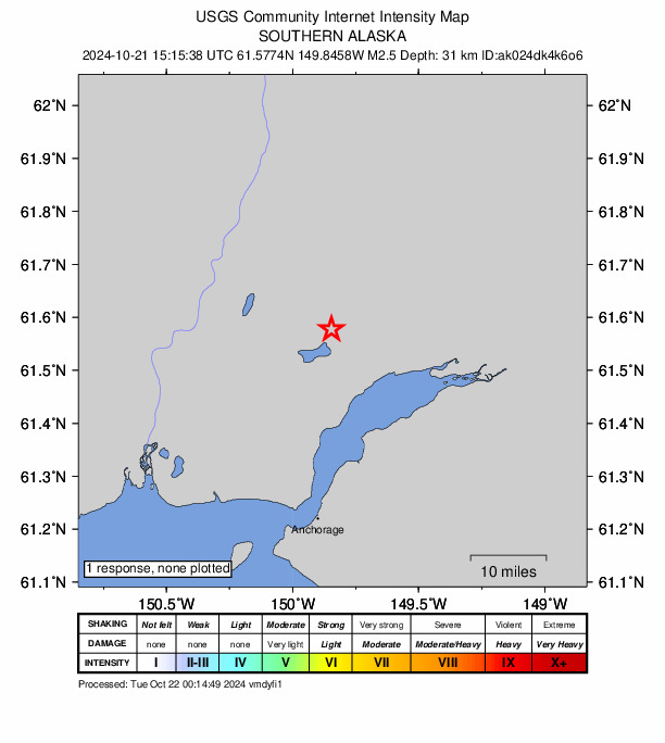 USGS DYFI community-reported intensity map for the M2.6 earthquake near 6 km SSW of Houston, Alaska