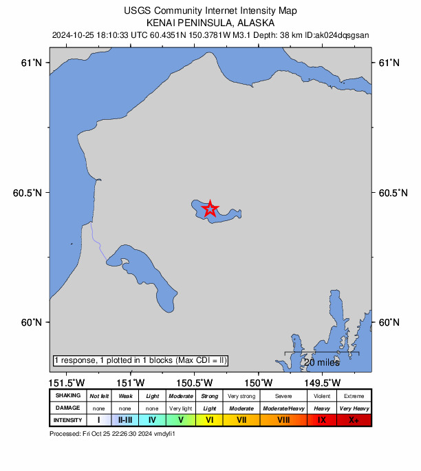 USGS DYFI community-reported intensity map for the M2.9 earthquake near 25 km W of Cooper Landing, Alaska