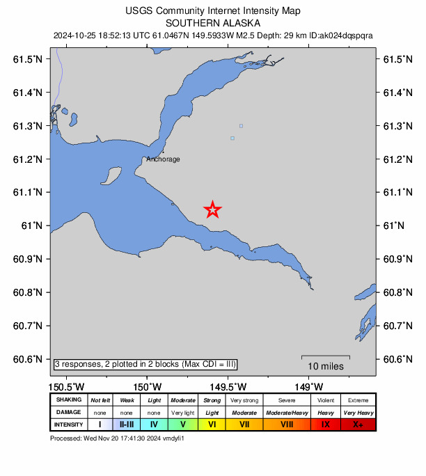 USGS DYFI community-reported intensity map for the M2.6 earthquake near 15 km NNE of Hope, Alaska
