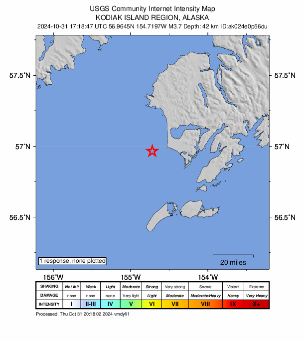 USGS DYFI community-reported intensity map for the M3.6 earthquake near 34 km W of Akhiok, Alaska