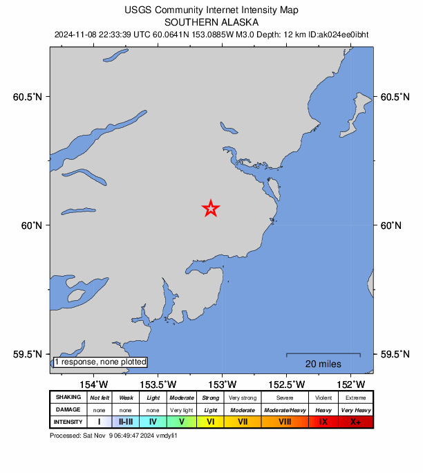 USGS DYFI community-reported intensity map for the M2.6 earthquake near 64 km ENE of Pedro Bay, Alaska