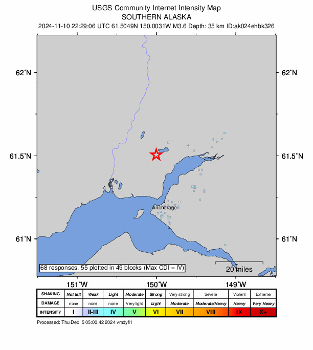 USGS DYFI community-reported intensity map for the M3.6 earthquake near 1 km WSW of Big Lake, Alaska