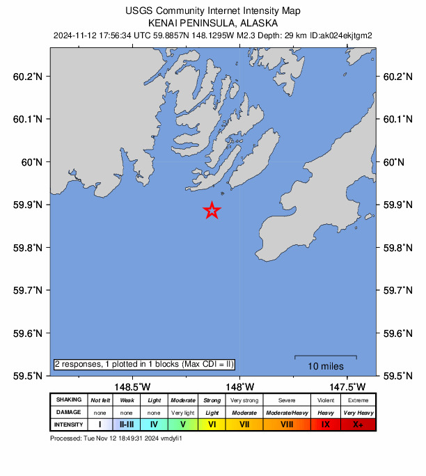 USGS DYFI community-reported intensity map for the M2.1 earthquake near 23 km SSW of Chenega, Alaska