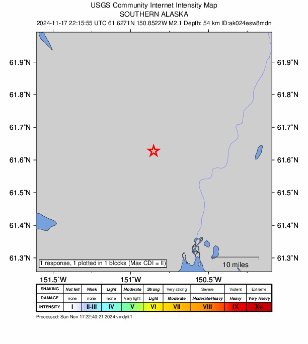 USGS DYFI community-reported intensity map for the M2.1 earthquake near 21 km WNW of Susitna, Alaska