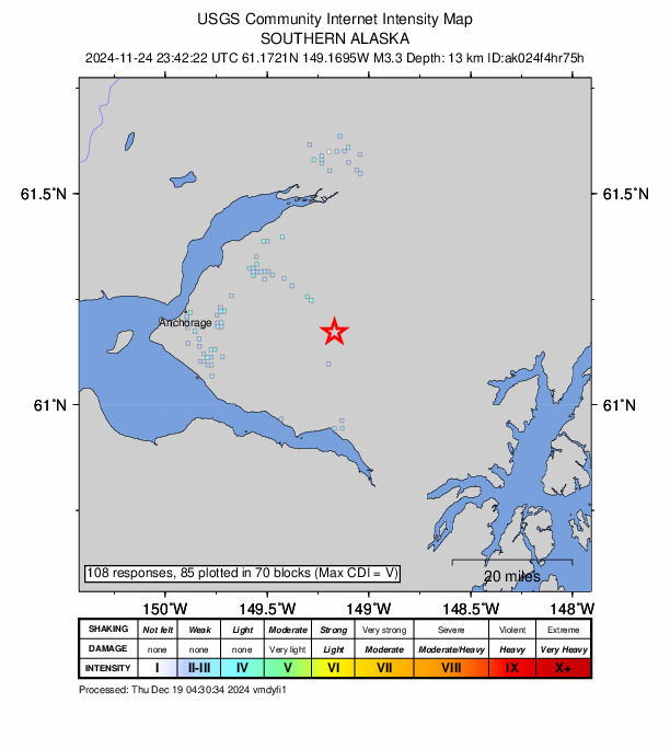 USGS DYFI community-reported intensity map for the M3.2 earthquake near 25 km N of Girdwood, Alaska