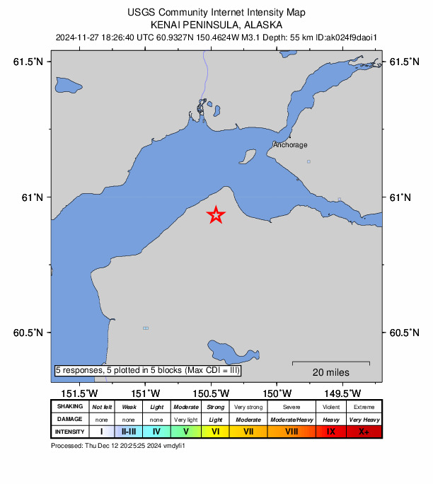 USGS DYFI community-reported intensity map for the M3.1 earthquake near 12 km E of Point Possession, Alaska