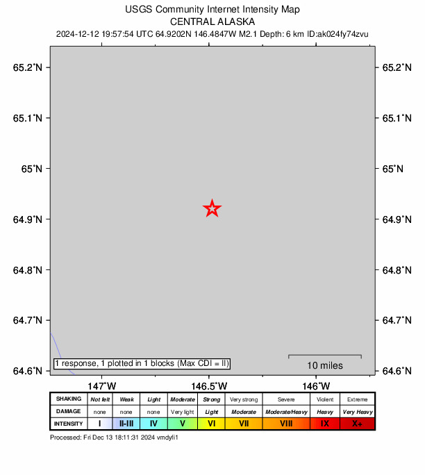 USGS DYFI community-reported intensity map for the M2.0 earthquake near 19 km ENE of Pleasant Valley, Alaska