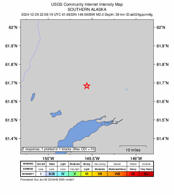 USGS DYFI community-reported intensity map for the M2.0 earthquake near 6 km NNE of Meadow Lakes, Alaska
