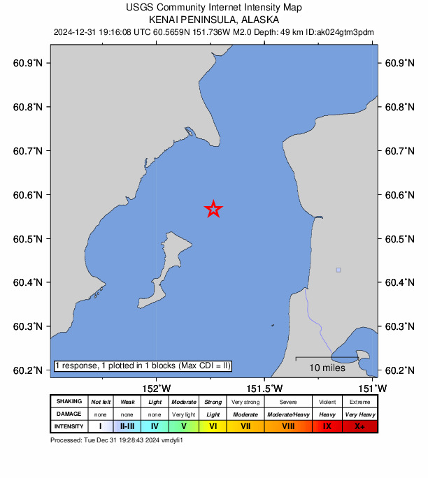 USGS DYFI community-reported intensity map for the M2.0 earthquake near 56 km WNW of Happy Valley, Alaska