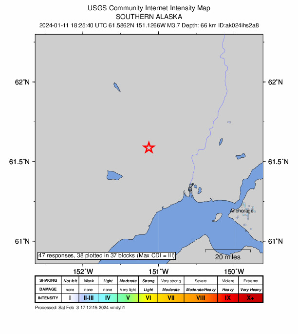USGS DYFI community-reported intensity map for the M3.7 earthquake near 32 km W of Susitna, Alaska