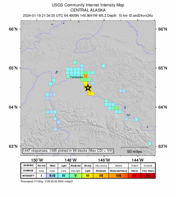 USGS DYFI community-reported intensity map for the M5.3 earthquake near 4 km SW of Salcha, Alaska