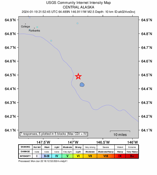 USGS DYFI community-reported intensity map for the M2.5 earthquake near 3 km S of Salcha, Alaska