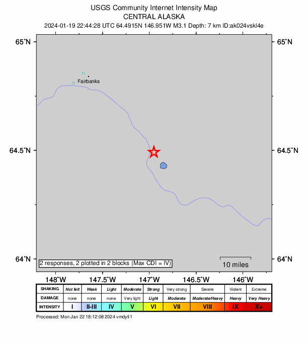 USGS DYFI community-reported intensity map for the M3.1 earthquake near 4 km SSW of Salcha, Alaska