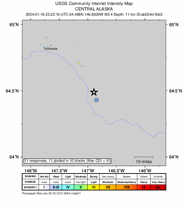USGS DYFI community-reported intensity map for the M3.4 earthquake near 4 km S of Salcha, Alaska