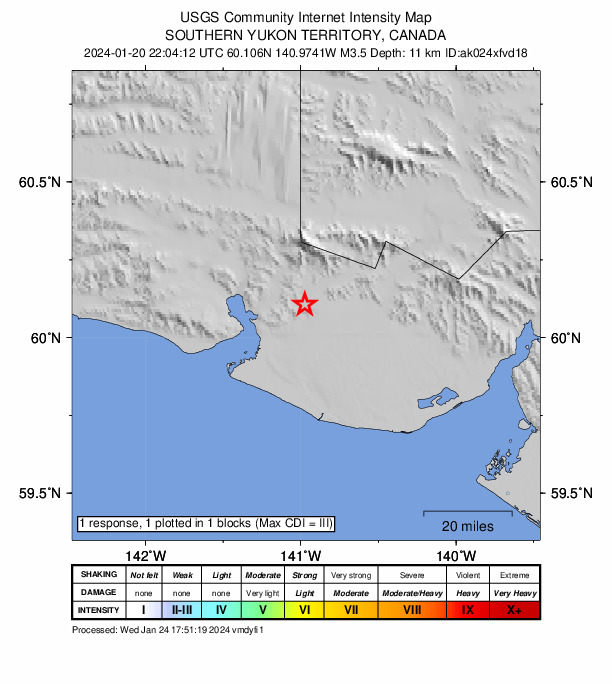USGS DYFI community-reported intensity map for the M3.5 earthquake near 93 km NW of Yakutat, Alaska