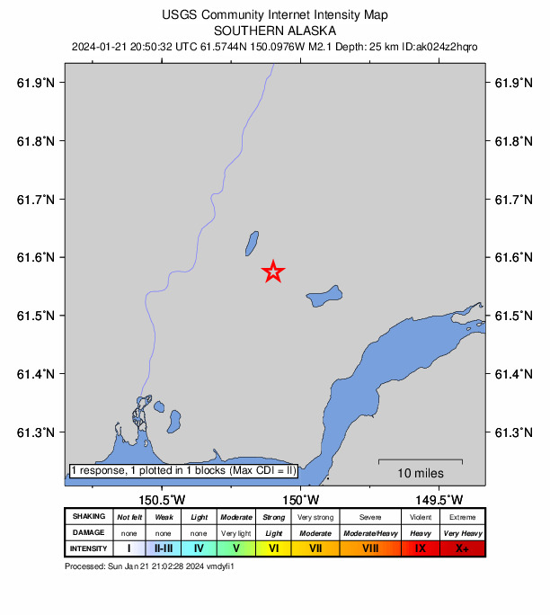 USGS DYFI community-reported intensity map for the M2.0 earthquake near 12 km NW of Big Lake, Alaska