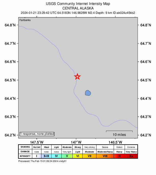 USGS DYFI community-reported intensity map for the M2.4 earthquake near 3 km W of Salcha, Alaska