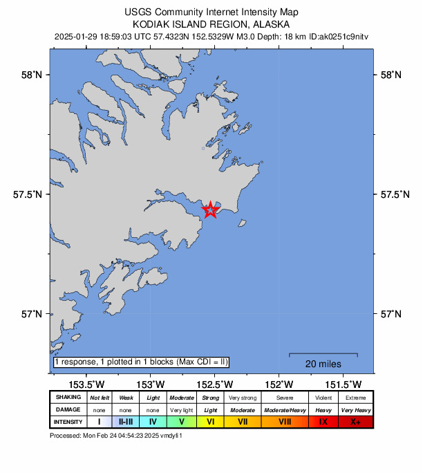 USGS DYFI community-reported intensity map for the M3.0 earthquake near 24 km SW of Chiniak, Alaska