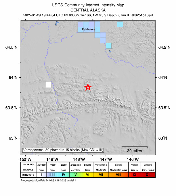 USGS DYFI community-reported intensity map for the M3.9 earthquake near 62 km E of Denali Park, Alaska